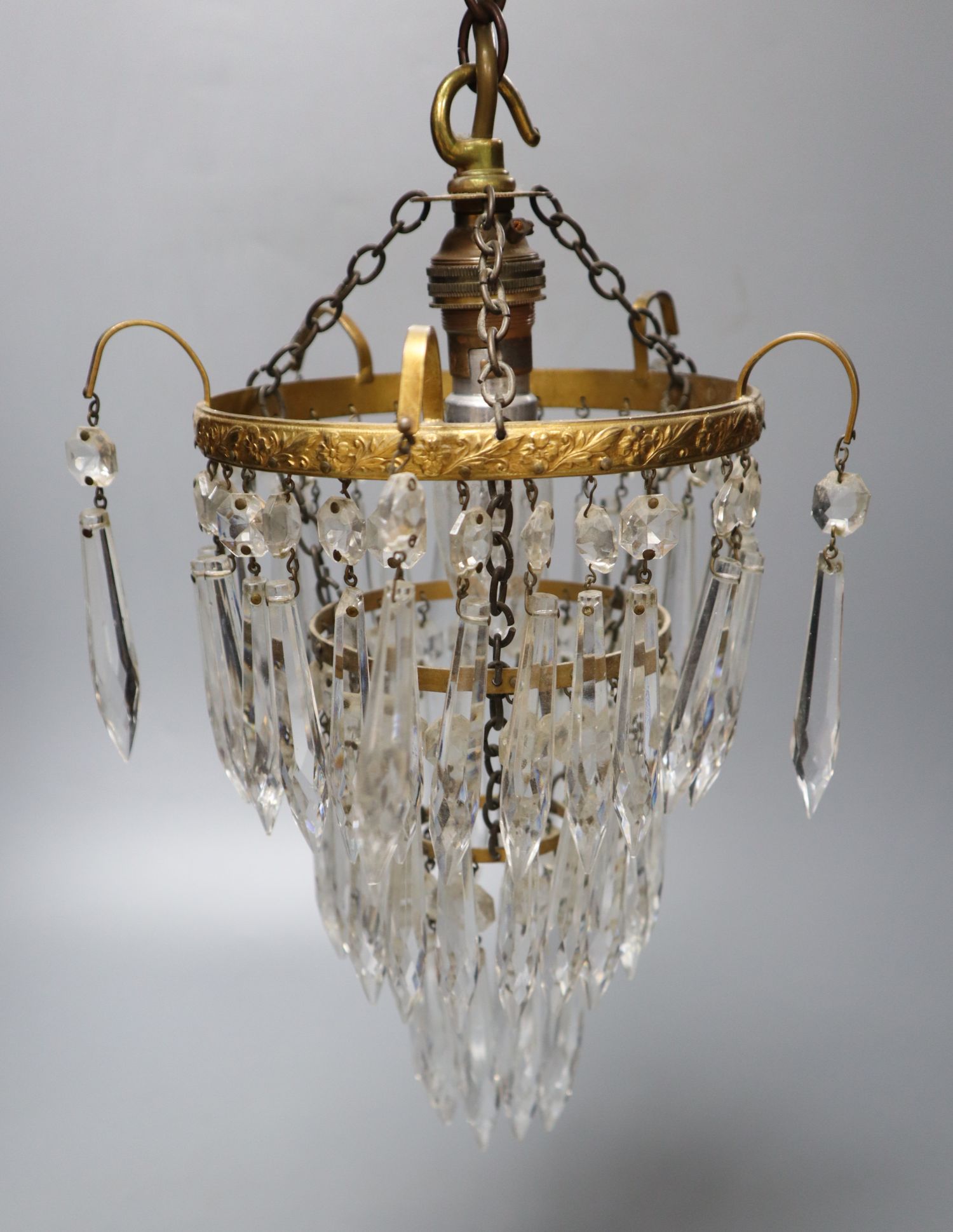 A 1930s brass three tier bag chandelier, diameter 16cm
